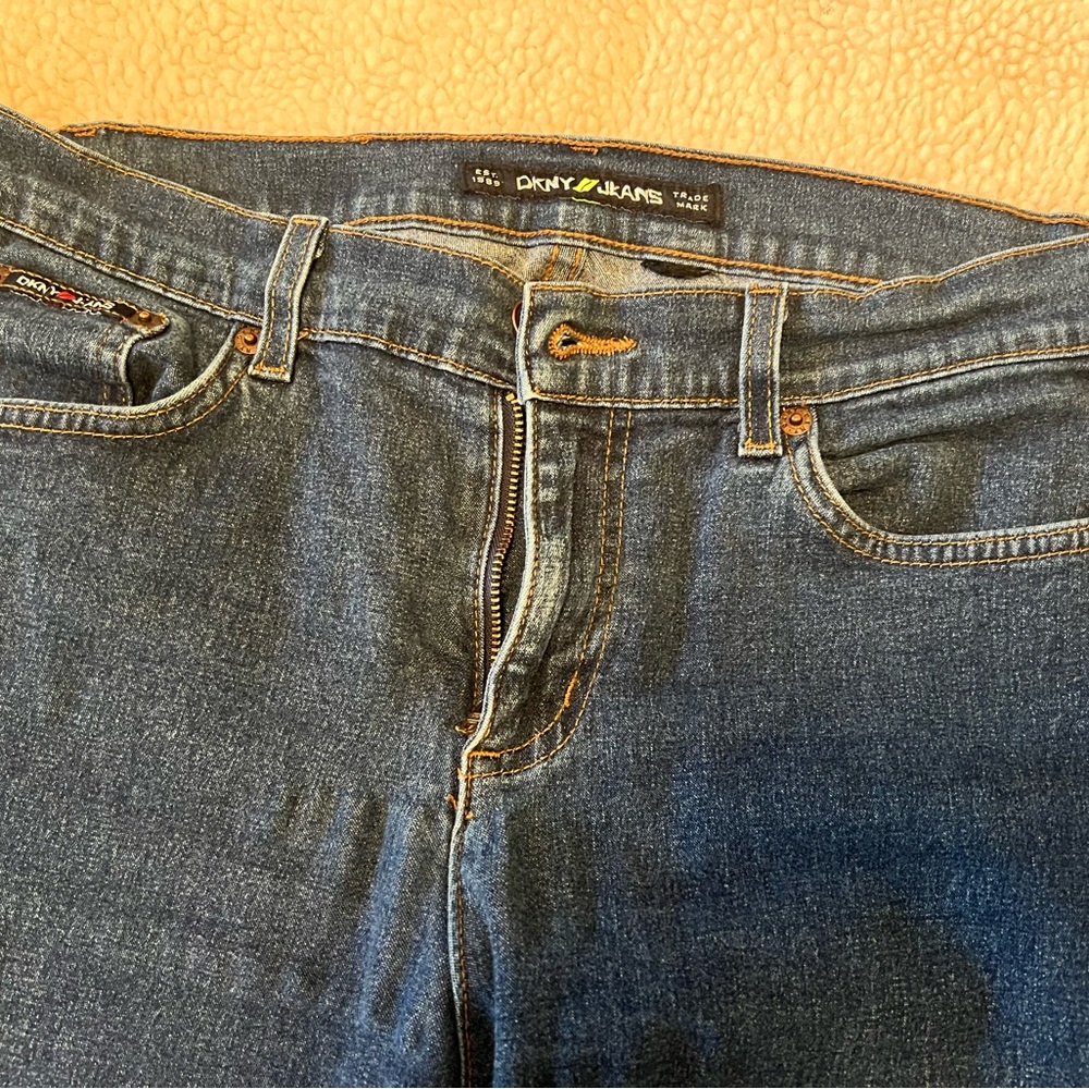 DKNY Straight Leg Dark Blue Denim Jeans with Contrast Stitching